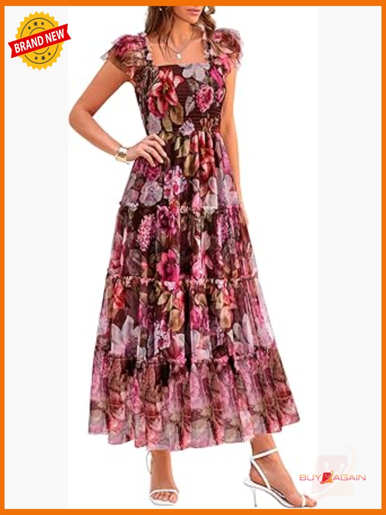 Sleeveless Smocked Tulle Midi Dress With Ruffle Layers For Summer Wedding Guest